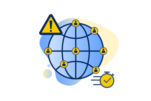 A globe with a warning sign and stop watch to suggest faster clinical trails during public health emergencies