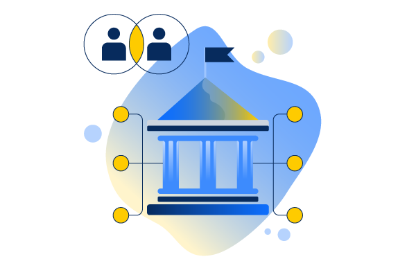 a government building on a blue and yellow background with people icons