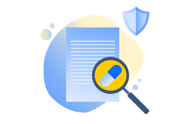 Illustration depicting a magnifying glass showing a pill over a paper document, and a shield to suggest safety in medicines evaluation 